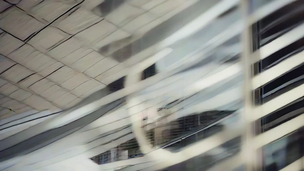 A corporate professional working on a laptop inside a contemporary glass office building.
