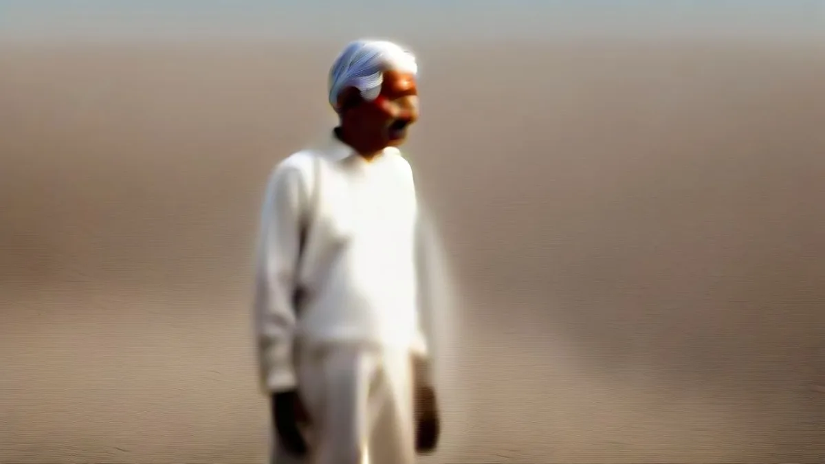 An elderly farmer standing pensively in an arid agricultural field in rural Maharashtra
