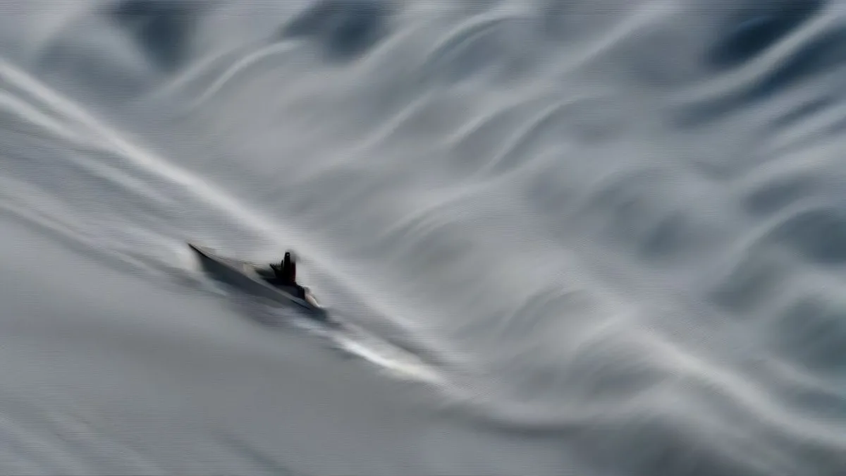 Gray modern naval warship sailing on deep ocean waters during daytime trials