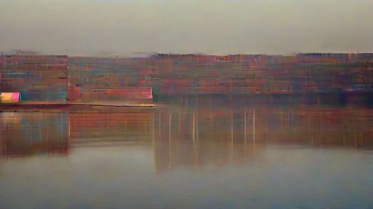 Industrial cargo port with shipping containers and gantry cranes during sunset