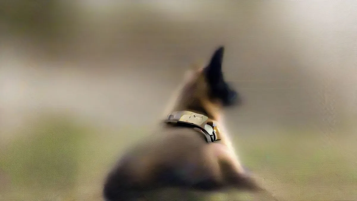 A trained military working dog wearing tactical gear sitting alongside a handler during daytime training.