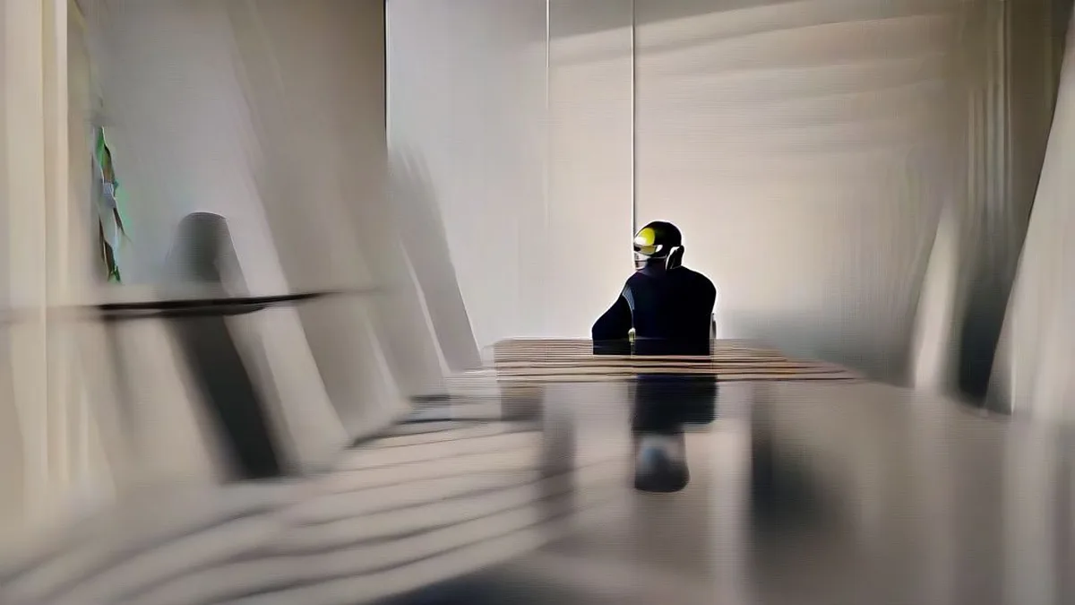 A modern tech executive seated thoughtfully inside an executive conference room in Silicon Valley