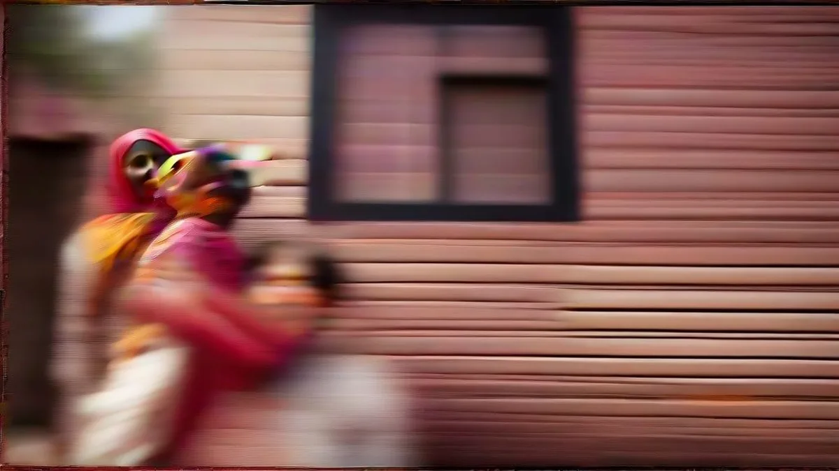 An Indian mother and her children smiling outdoors in front of a brick house in Punjab