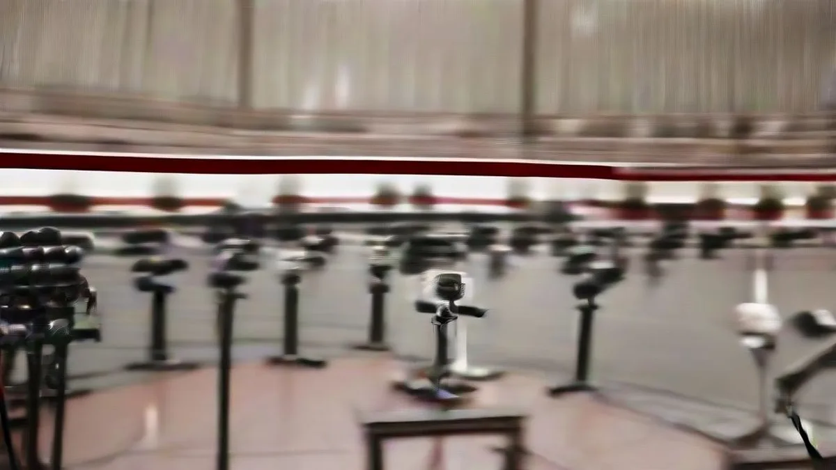 Press briefing podium with broadcast microphones in a government media room