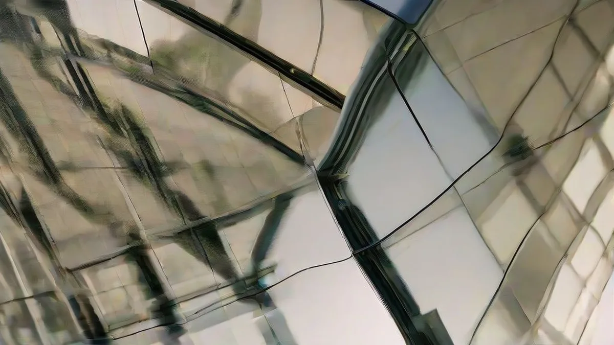 Modern corporate glass campus walkway with engineers in soft natural light