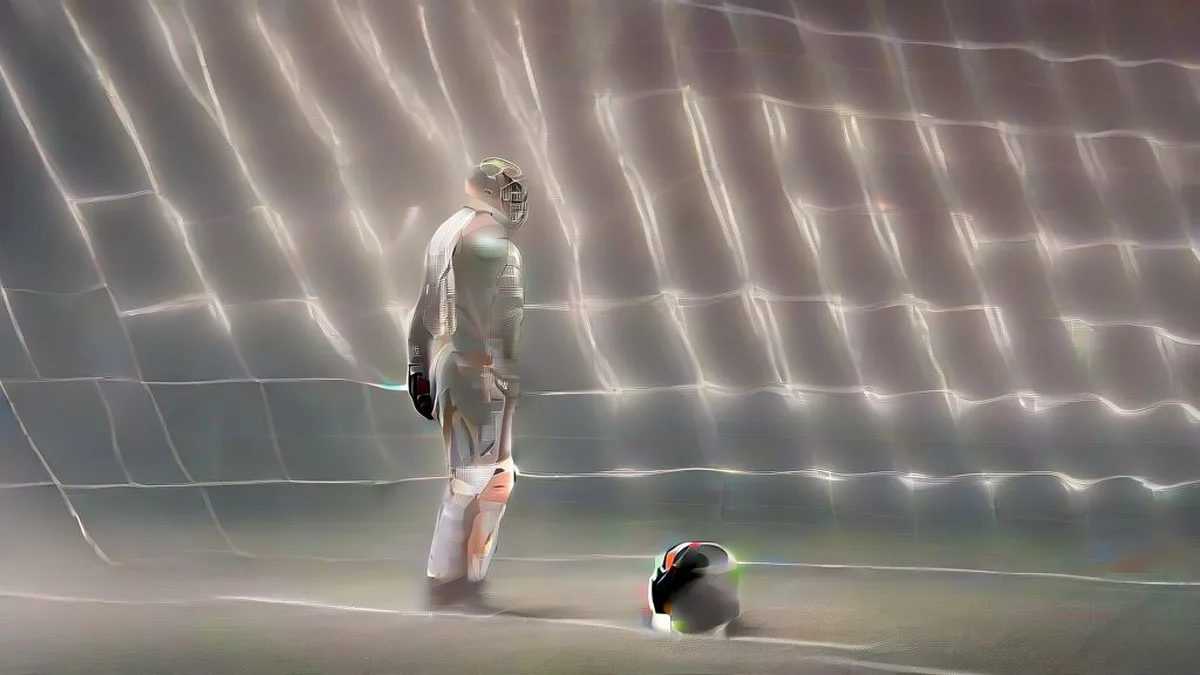 A soccer goalkeeper adjusting his gloves near the goal line during evening training under stadium lights