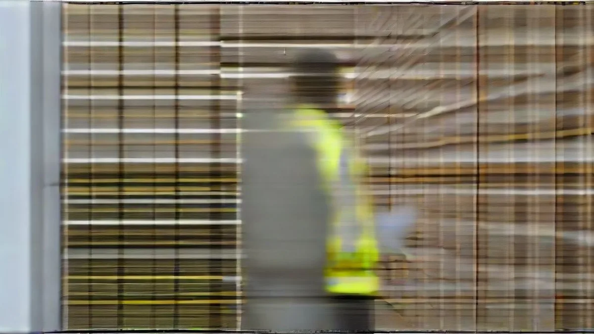 Palletized consumer cleaning products stored inside an expansive distribution warehouse with an inventory specialist on duty.