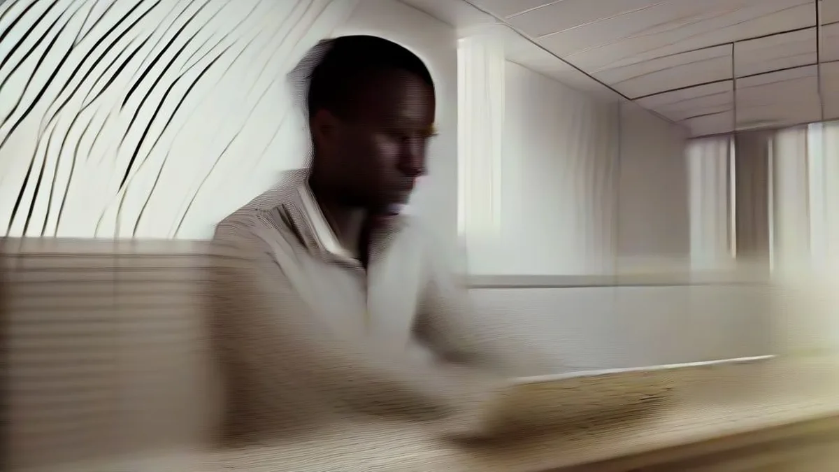 Financial compliance officer reviewing documents at an office desk under natural lighting.