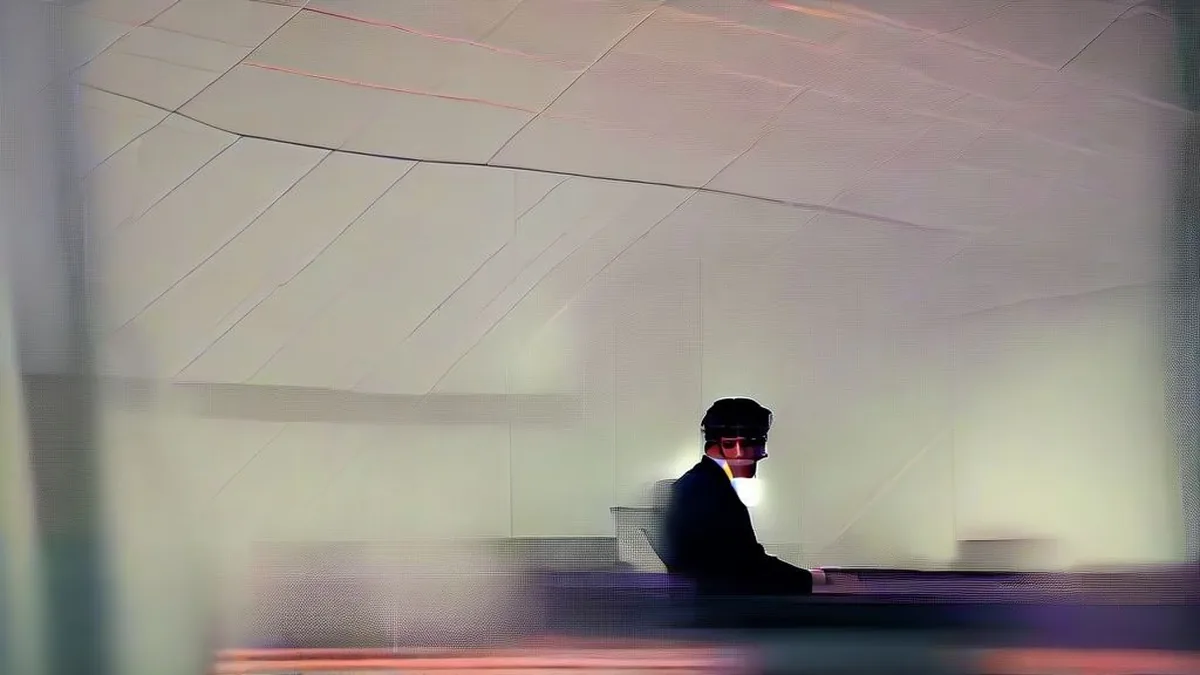 A modern tech workplace with a software engineer working at illuminated computer monitors displaying code.