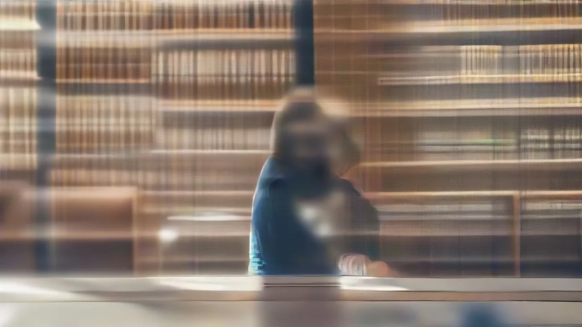 A person studying inside a sunlit library surrounded by reference books and a laptop