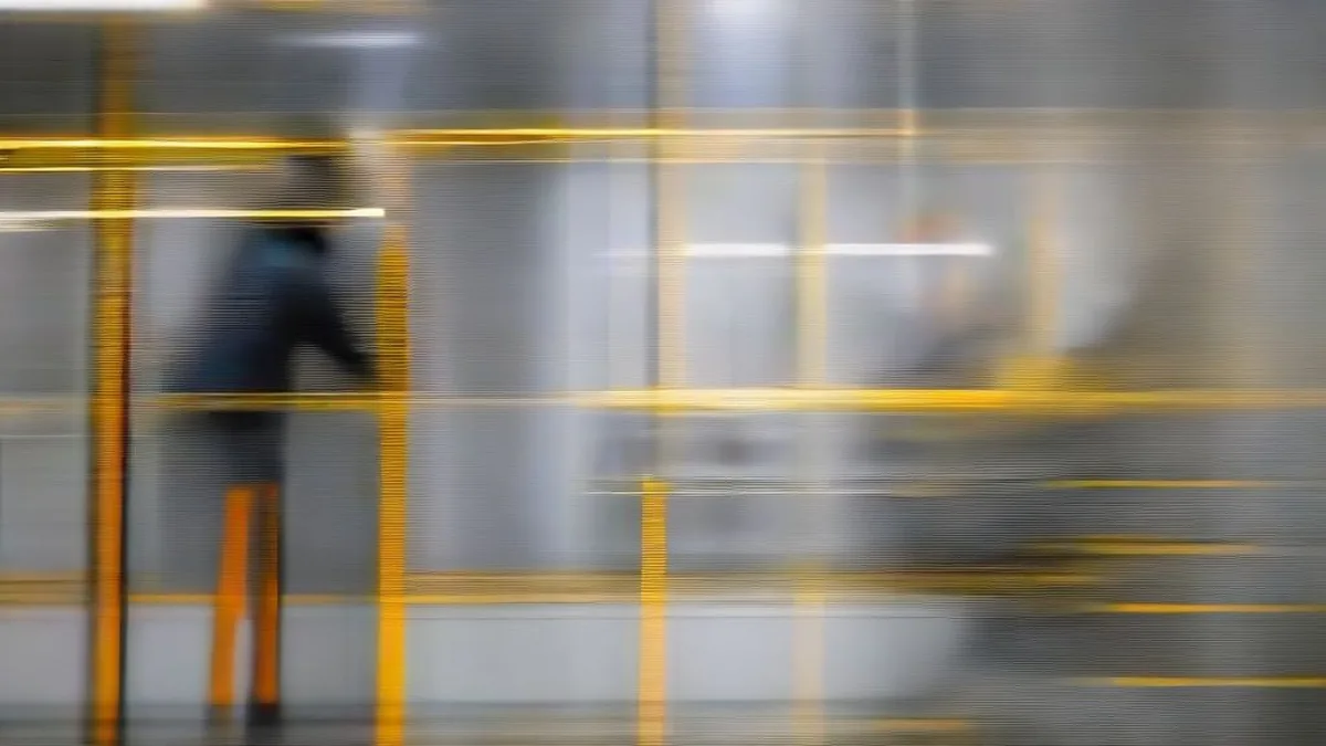Automotive factory floor showing robotic assembly arms working on an electric SUV chassis along a modern production line.
