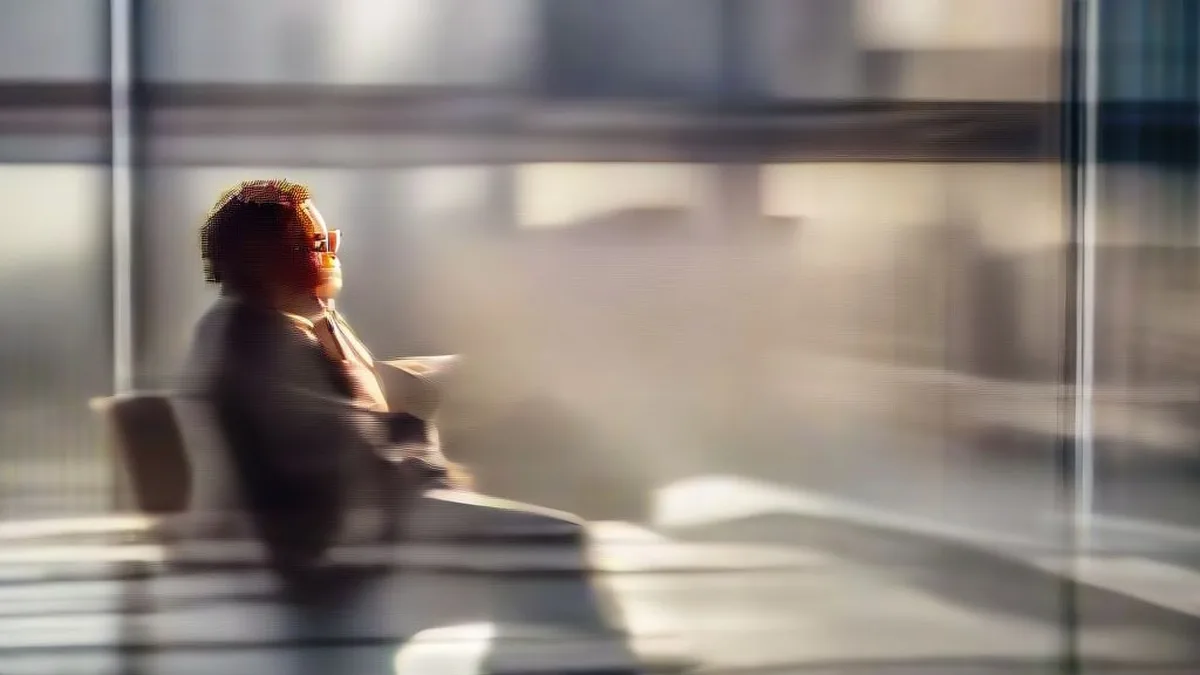 A financial professional reviewing economic data reports in a sunlit metropolitan office setting.