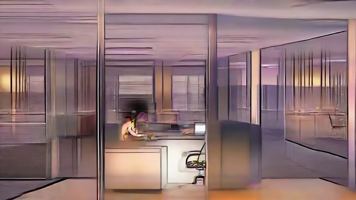 A software developer working at a multi-monitor computer workstation in an office environment.