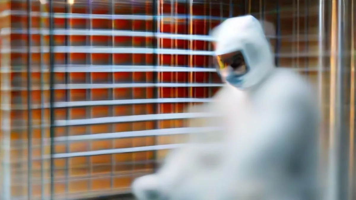Technician in a full protective cleanroom suit inspecting semiconductor wafers under specialized industrial lighting