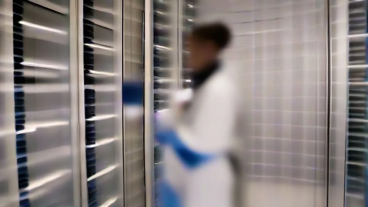 Pharmaceutical laboratory scientist holding a clear medical glass vial in a sterile cleanroom facility