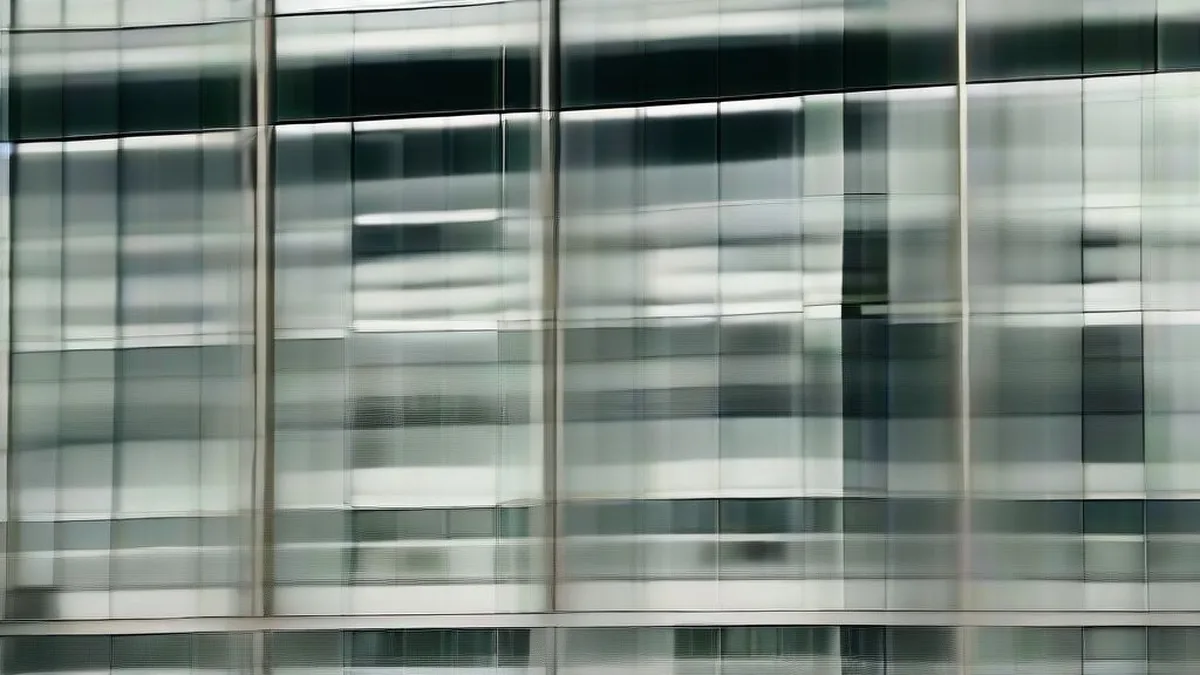 Exterior view of a modern European banking center plaza with business professionals walking in natural light