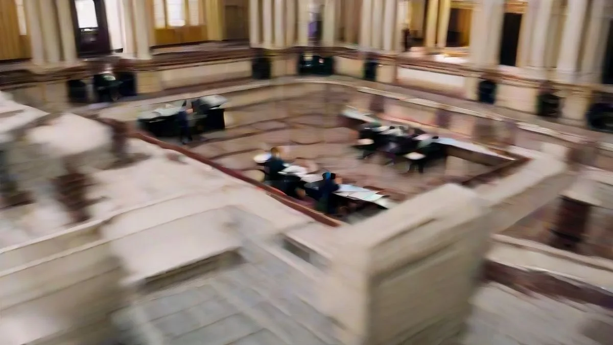 Wide shot of a state legislative chamber with lawmakers reviewing budget materials during an official session.