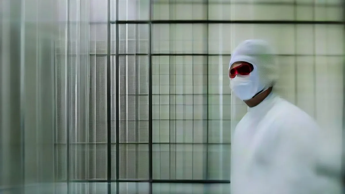 A scientific researcher in protective laboratory gear working near sterile stainless steel equipment in a high-containment biosafety facility
