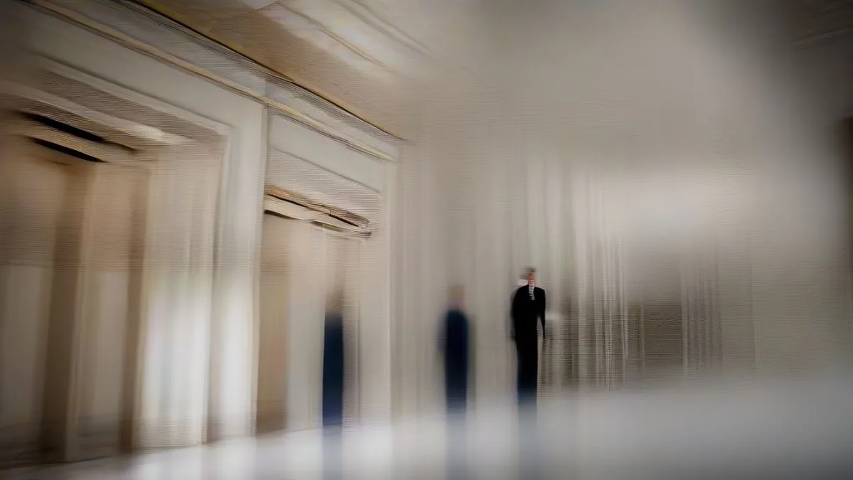 US Senator walking through the marble hallways of the Capitol building accompanied by reporters
