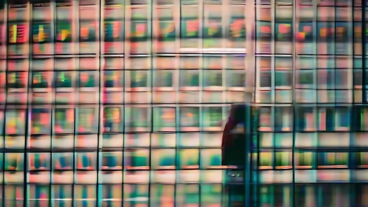 A financial trader analyzing market data on multiple computer screens inside an investment brokerage office.