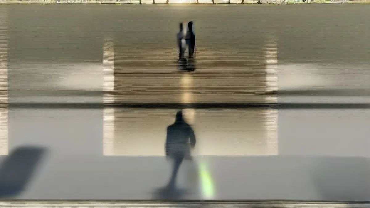 A sunlit public plaza in Texas with diverse citizens walking near civic buildings