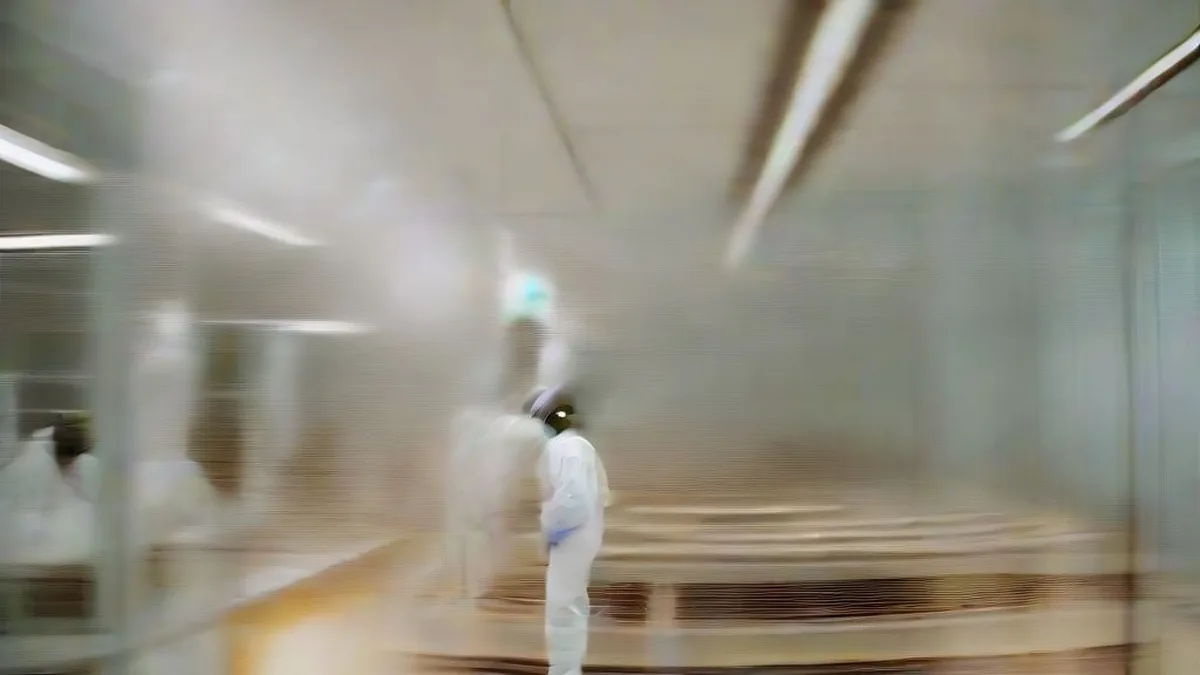 Semiconductor manufacturing specialist in protective gear inspecting a silicon wafer in an advanced fabrication cleanroom.