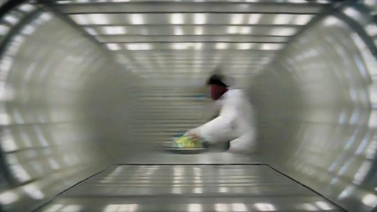 A cleanroom technician inspecting a silicon wafer in an advanced semiconductor laboratory.