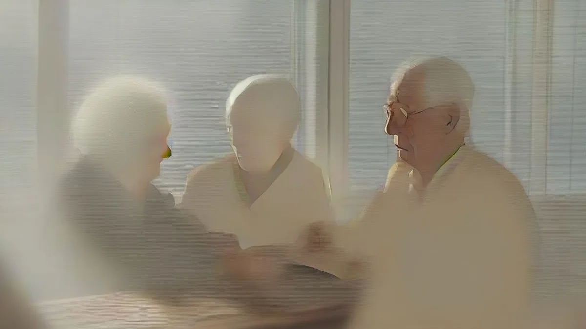 Elderly couple at a table reviewing household and financial paperwork in natural morning light