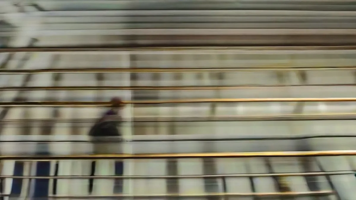 A technician examining safety restraints on an empty roller coaster train at an amusement park.