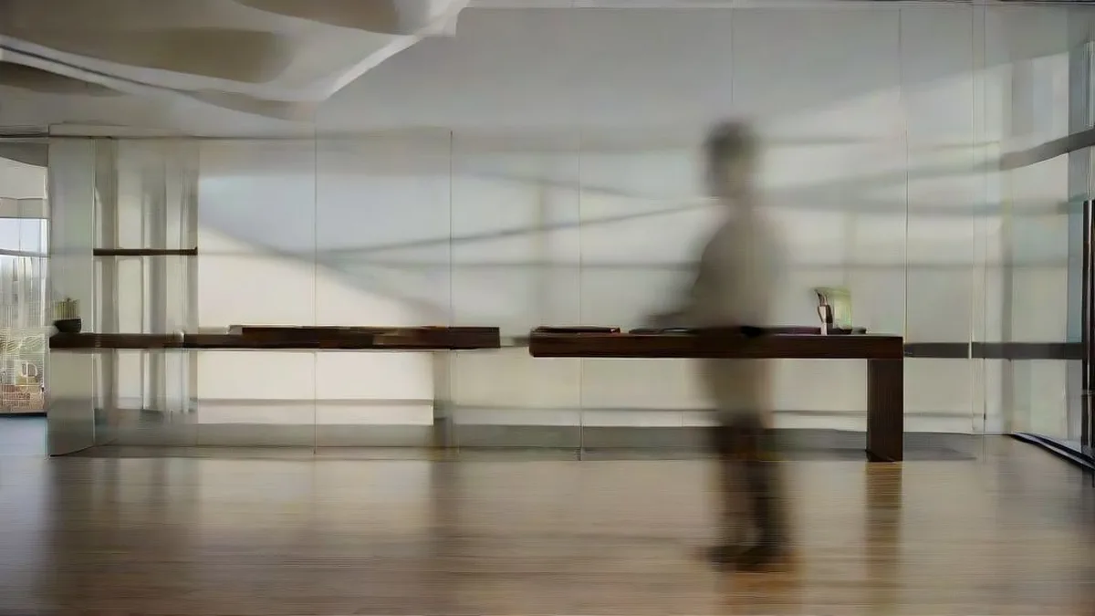 Executive standing near glass windows in a modern corporate office building