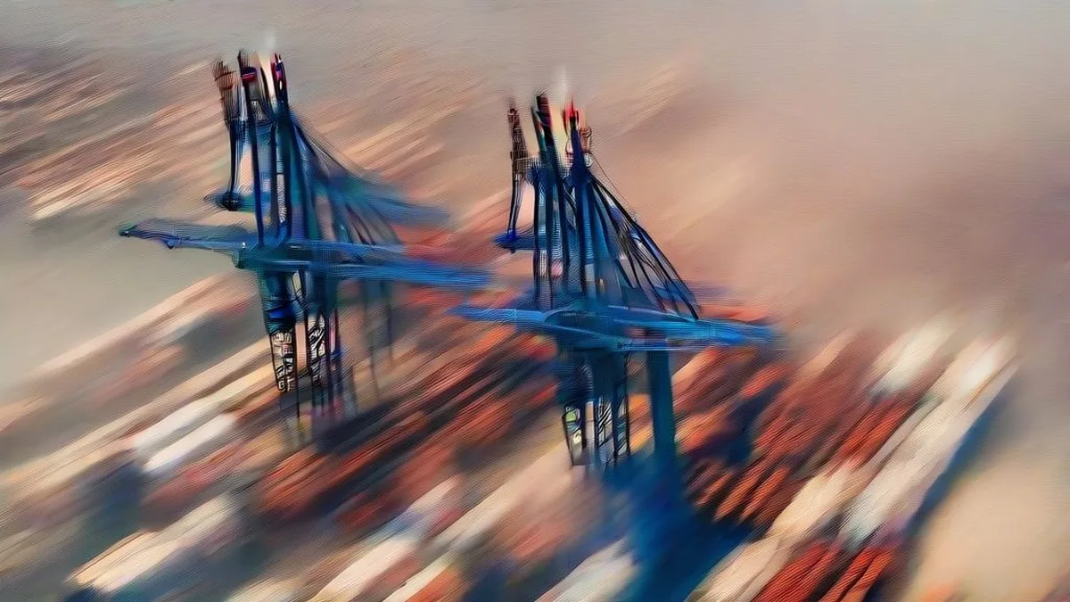 Large container shipping port in South Korea during dawn with cargo cranes and docks