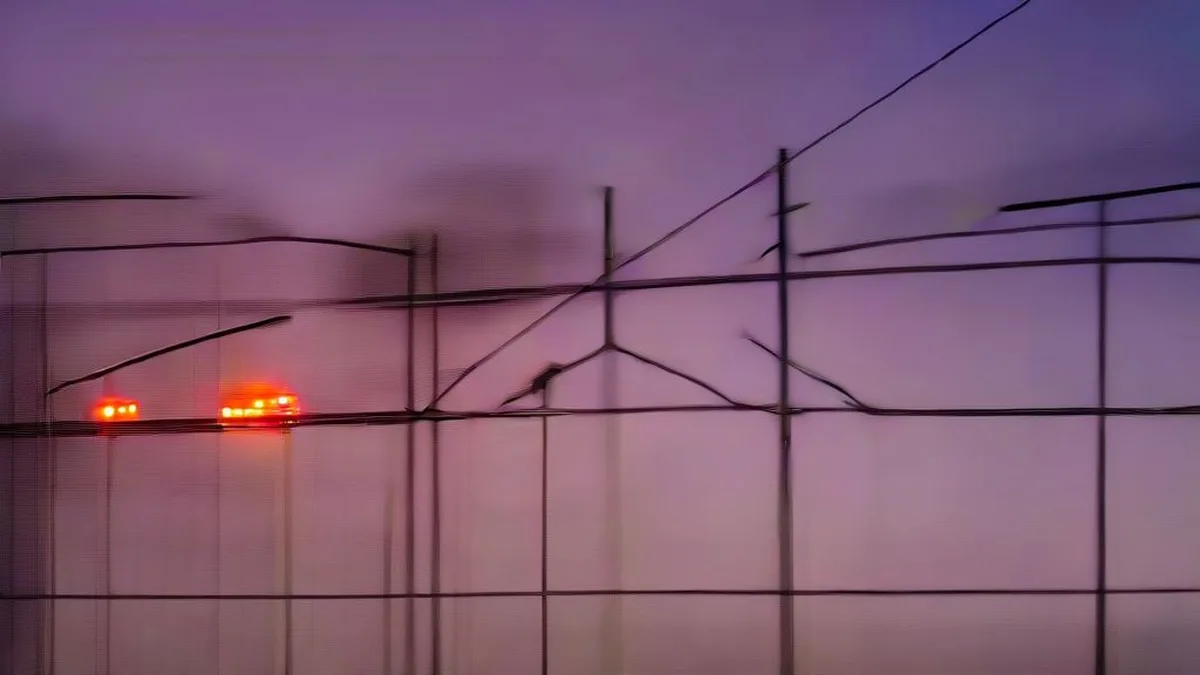 Emergency response teams and vehicles deployed near a high-speed railway corridor under floodlights at dusk.