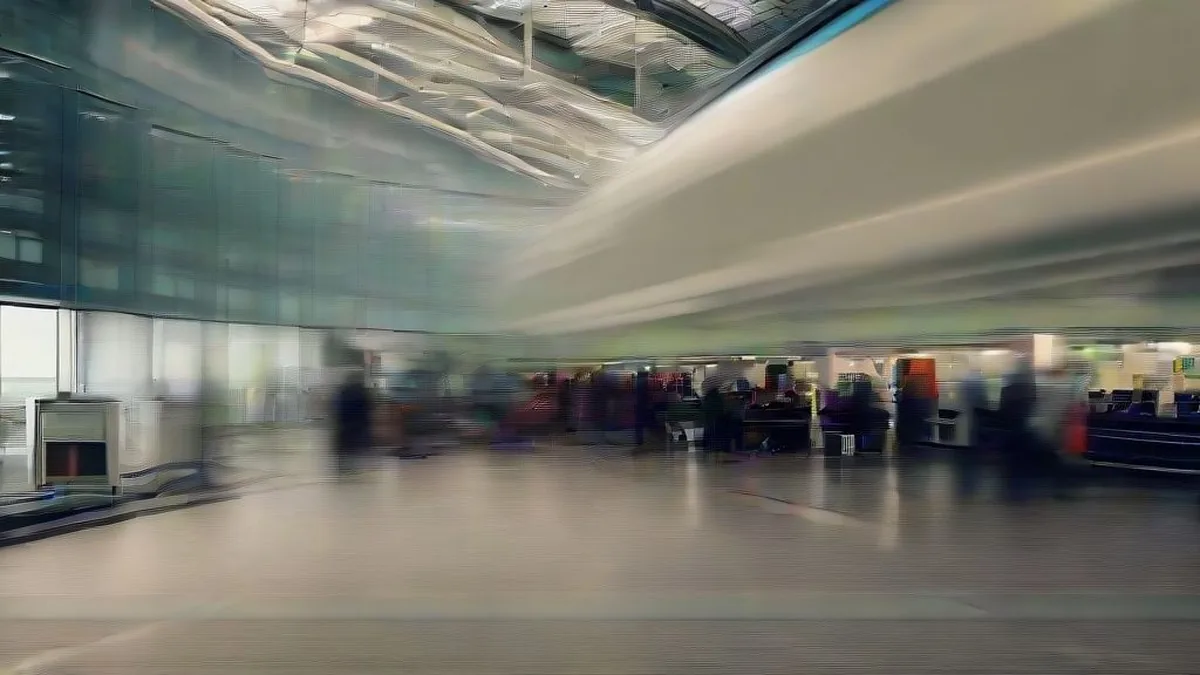 Stranded passengers speaking with airline staff at an airport departure gate during a delay