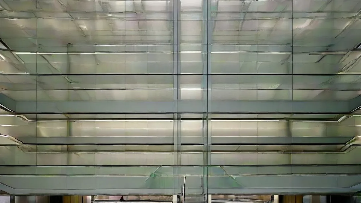 Professionals walking through the glass atrium of an international banking institution