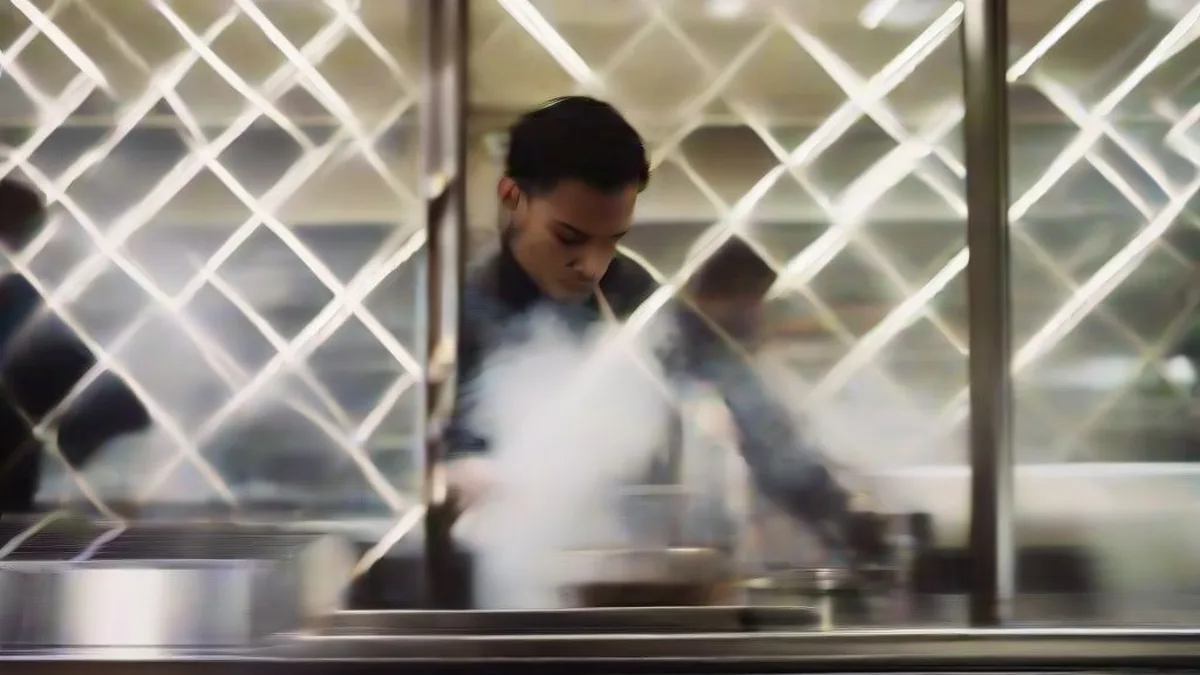 Barista working behind a busy coffee bar counter in morning light with steam rising from the espresso machine