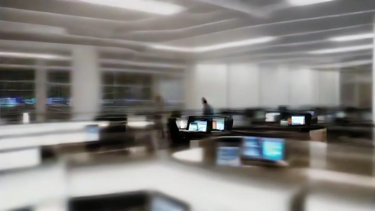 Financial professionals working at trading desks with multiple computer monitors on a corporate dealing floor