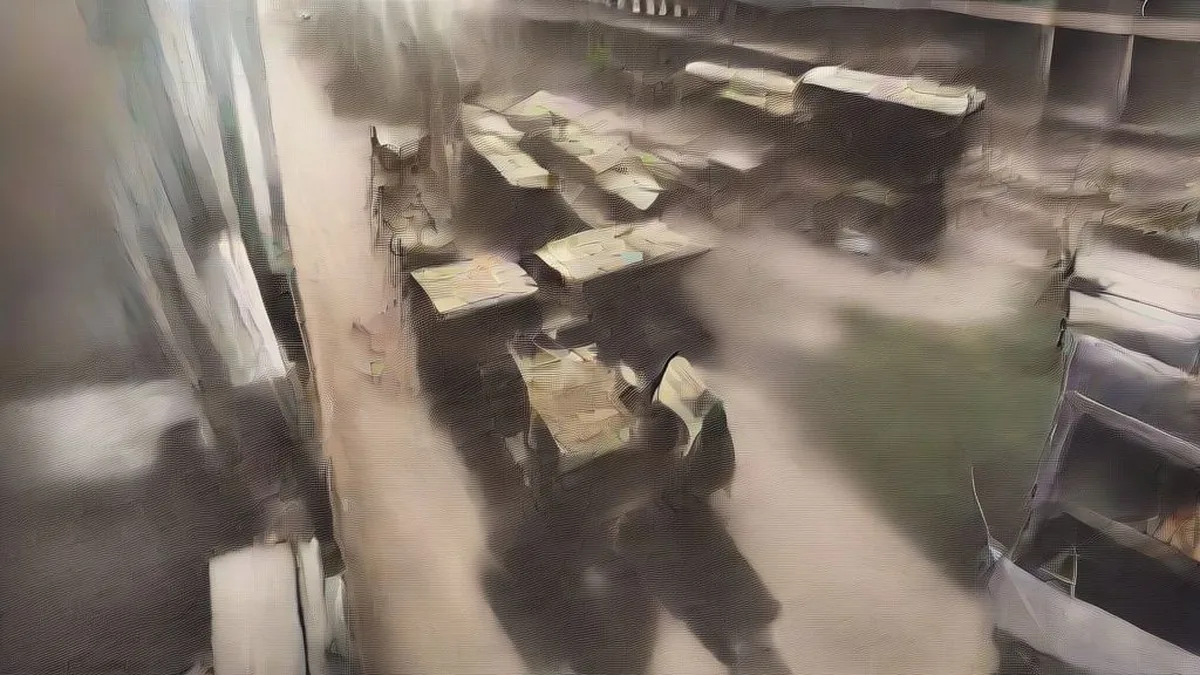 Aftermath of a devastating strike on a crowded market in Sudan showing damaged stalls and emergency response