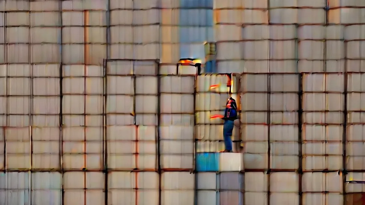 Large container shipping port terminal with cranes and stacked cargo containers at dusk