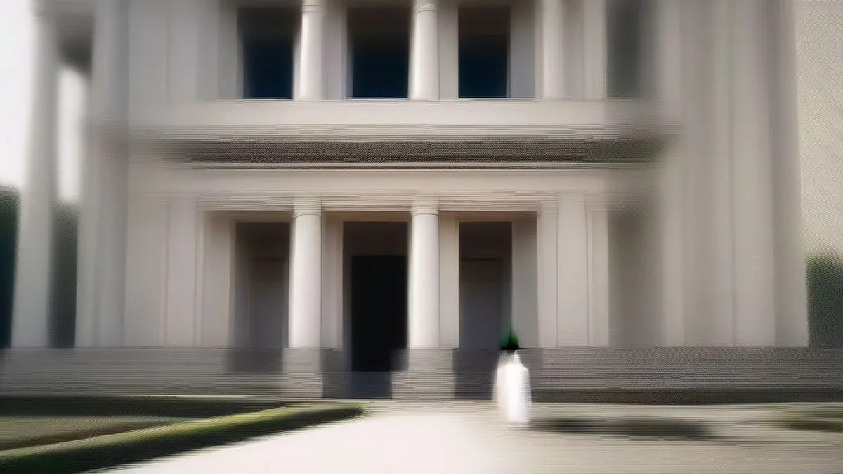 The exterior of the Supreme Court of India building with lawyers walking in the courtyard