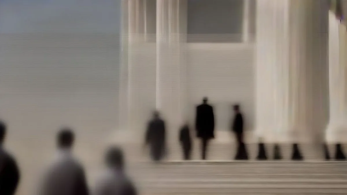 The Supreme Court of India building with lawyers walking on the pathway.