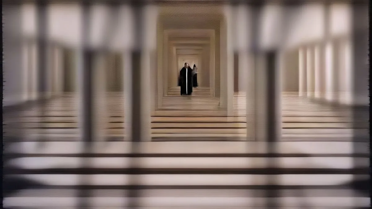 Advocates walking through the sunlit sandstone corridors of an Indian judicial building carrying legal case files.