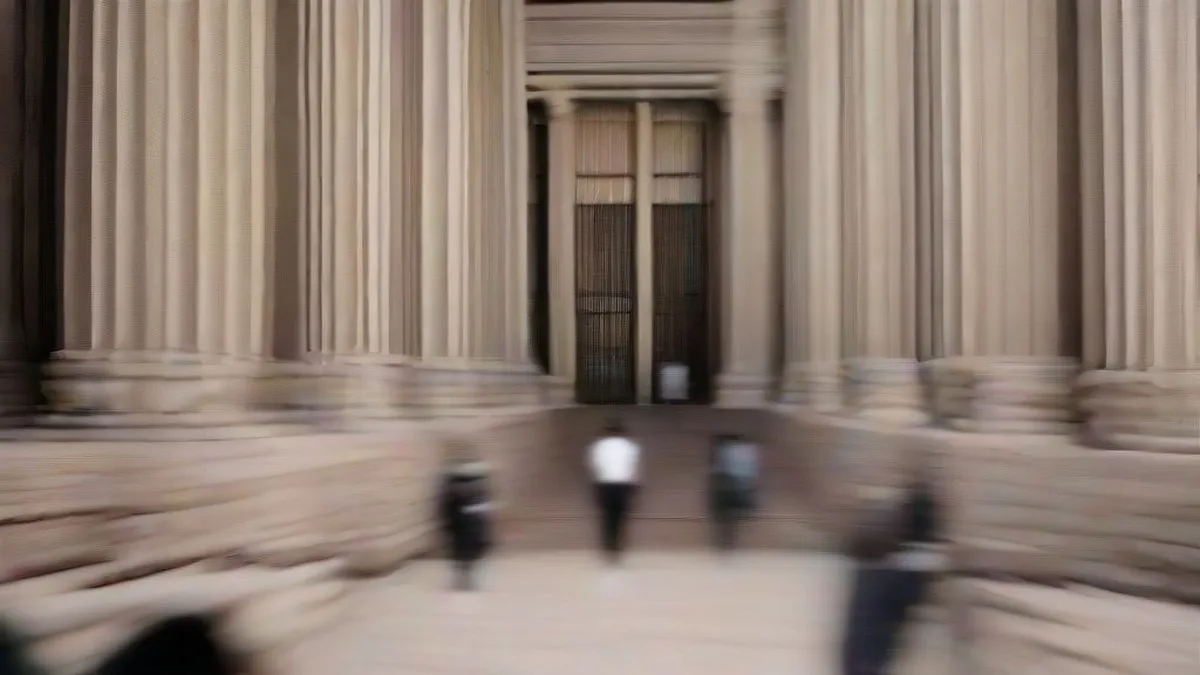 Exterior view of the Supreme Court of India building with legal professionals on the steps