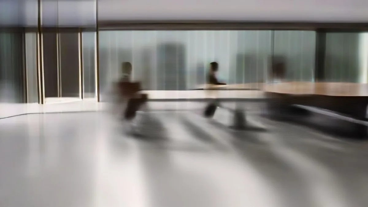 Corporate executives seated in a modern high-rise boardroom discussing technology and infrastructure financing