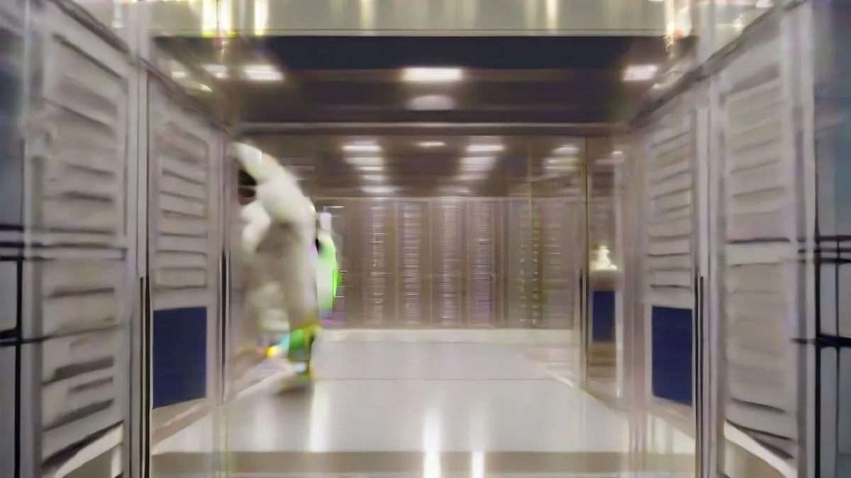 Semiconductor testing cleanroom with a technician inspecting hardware equipment