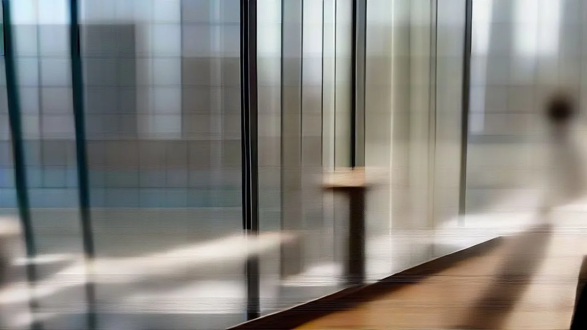 Business professionals conferring around a boardroom table in a high-rise office overlooking a city skyline.