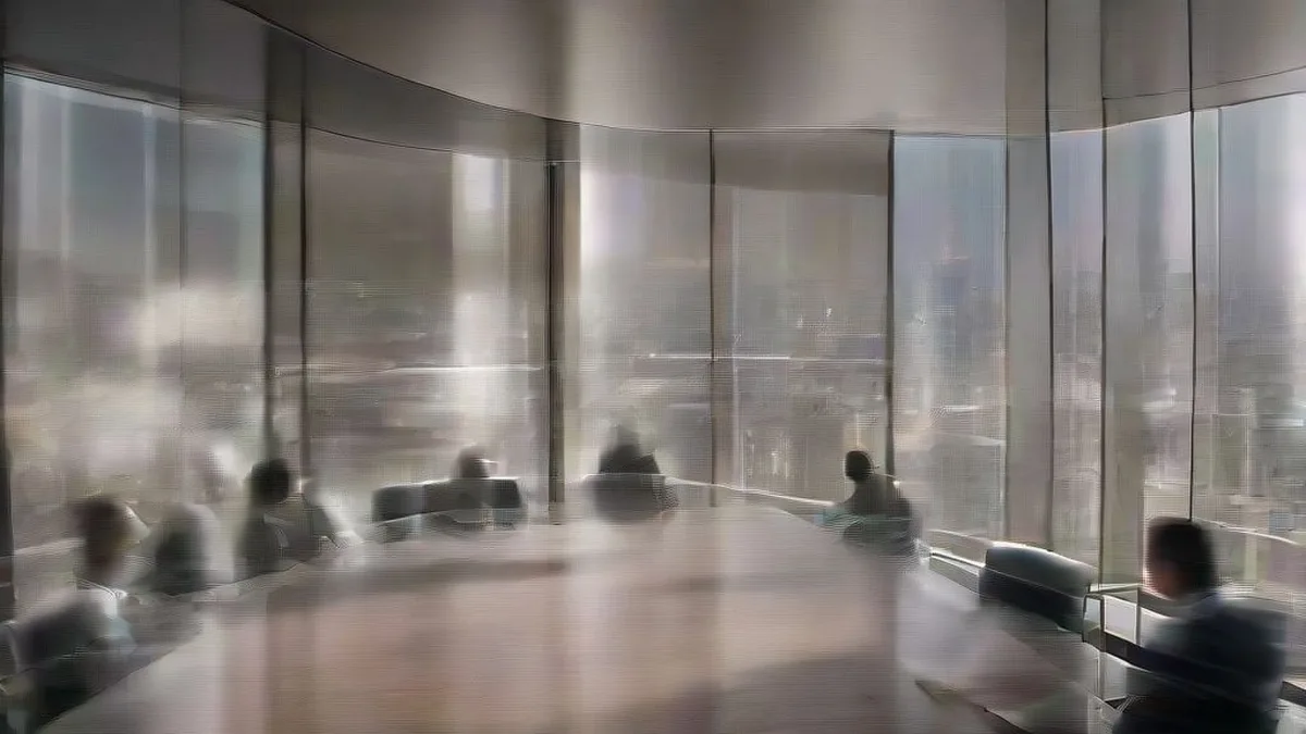 Corporate executives gathered in a high-rise conference room discussing financial asset management strategy.