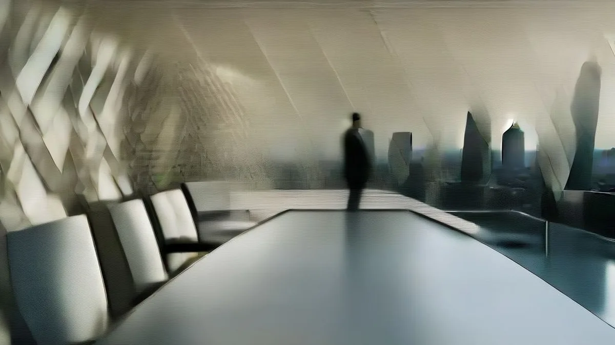 Corporate executives seated in a modern glass boardroom overlooking a major urban financial center.