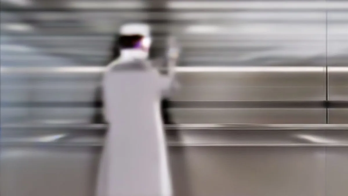 Laboratory scientist examining a glass vial inside a cleanroom research facility