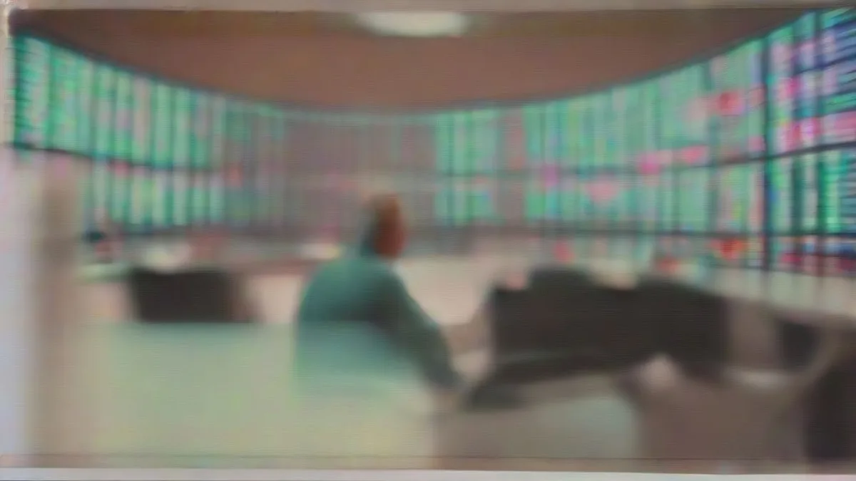 Institutional bond trader working at a multi-monitor trading desk in an office environment.