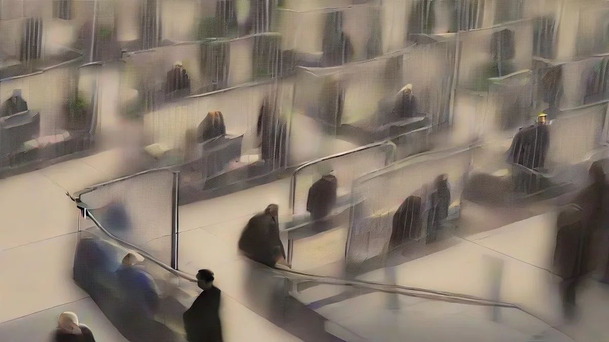Documentary-style view of voters lined up inside a municipal polling center.